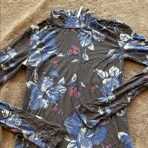 Free People Black Floral Turtleneck Top with Blue and Red Accents